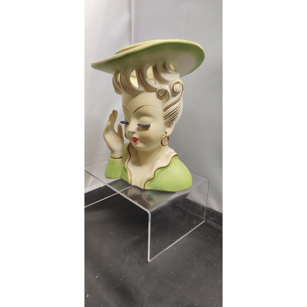 Vintage Green Hat Hand to Head Headache Lady Head Vase Planter Kitsch MidCentury - Picture 3 of 12